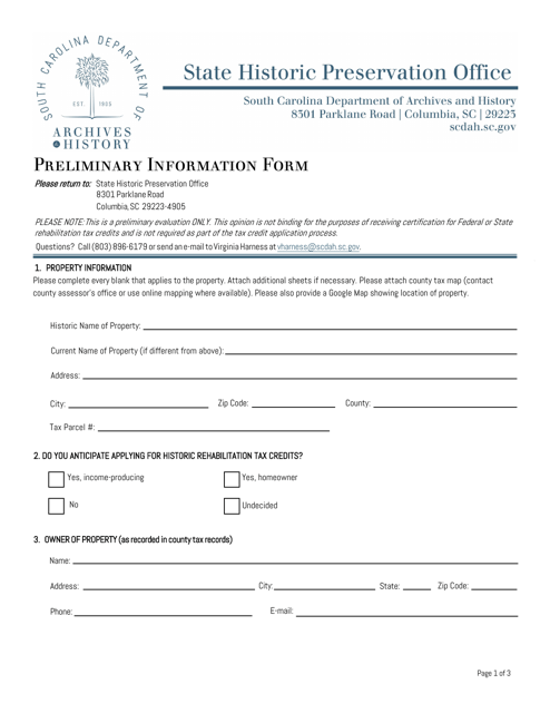 Preliminary Information Form - South Carolina