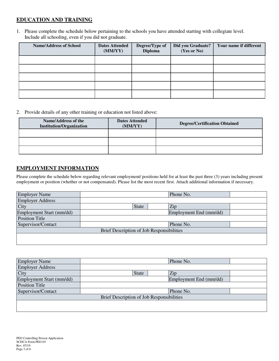 SCDCA Form PEO-03 Professional Employer Organization Controlling Person Application - South Carolina, Page 3