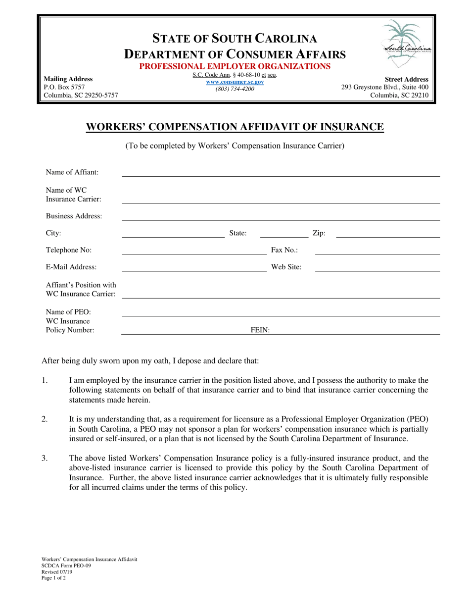 SCDCA Form PEO-09 Workers Compensation Affidavit of Insurance - South Carolina, Page 1