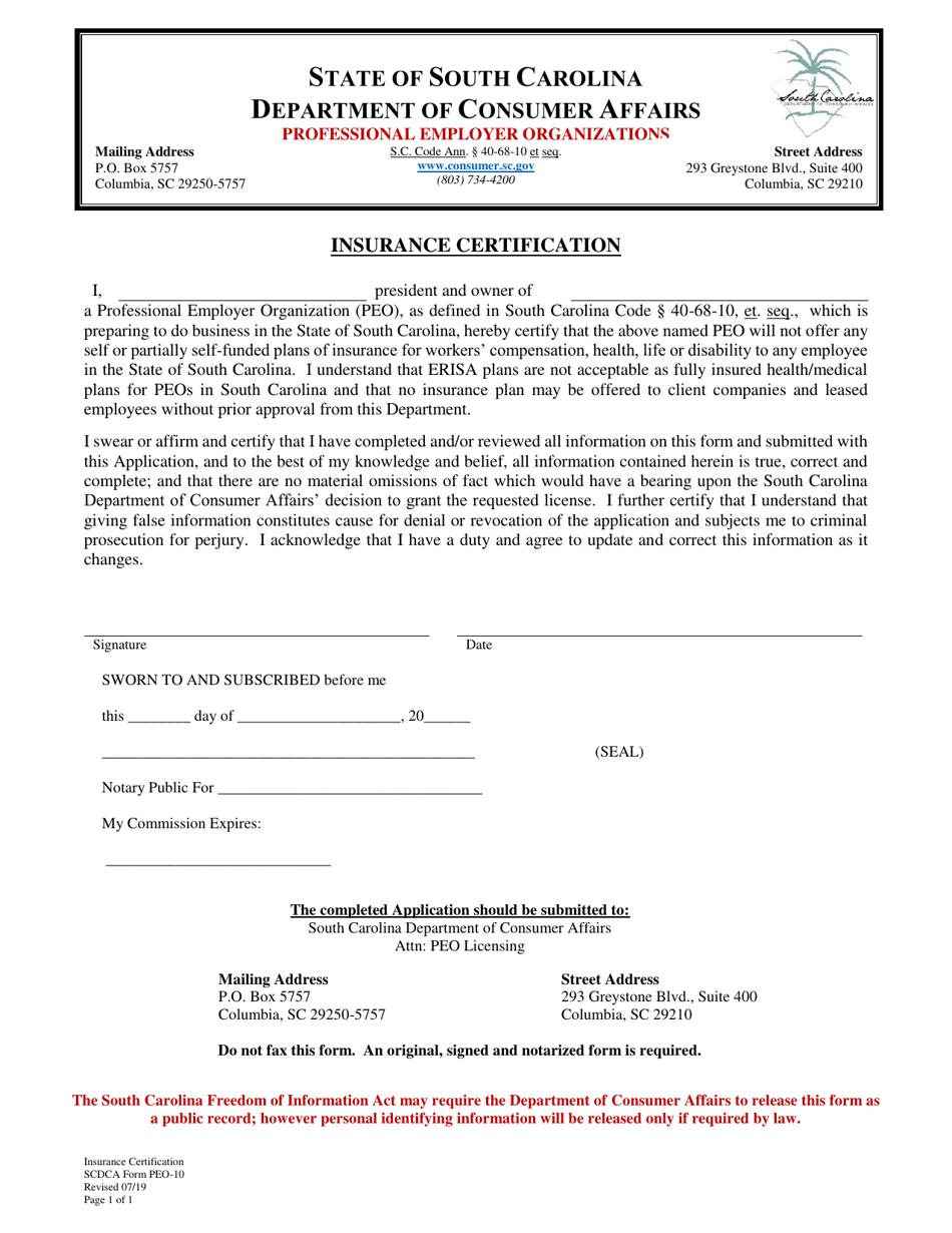 SCDCA Form PEO-10 Insurance Certification - South Carolina, Page 1