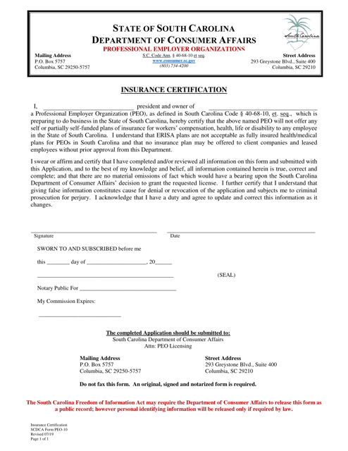 SCDCA Form PEO-10 Insurance Certification - South Carolina
