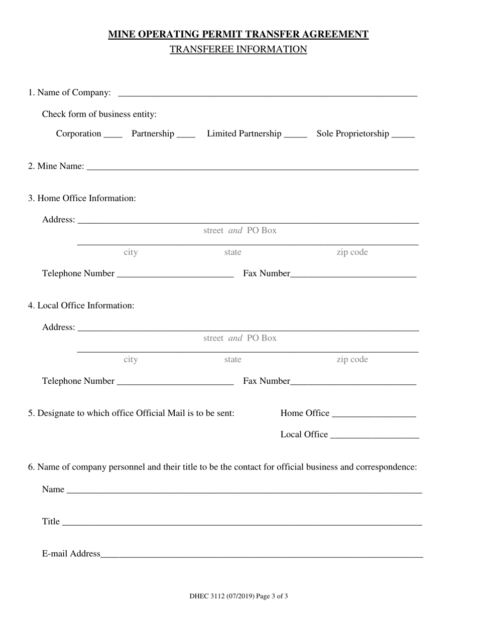 Form MR-1400 (DHEC Form 3112) Mine Operating Permit Transfer Agreement - South Carolina, Page 3