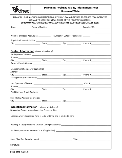 DHEC Form 3441 Swimming Pool/SPA Facility Information Sheet - South Carolina