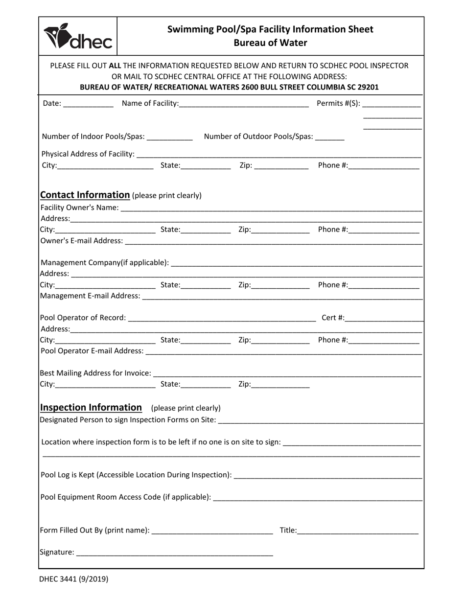 DHEC Form 3441 Swimming Pool / SPA Facility Information Sheet - South Carolina, Page 1