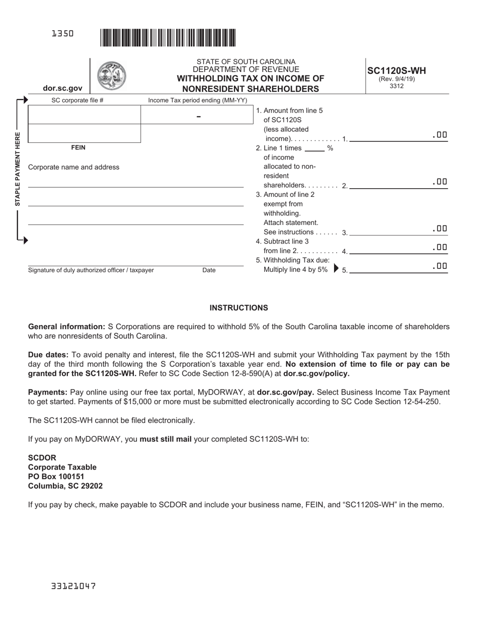 Form SC1120S-WH Withholding Tax on Income of Nonresident Shareholders - South Carolina, Page 1