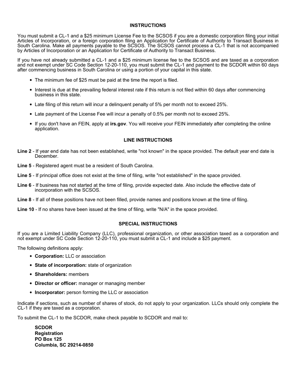 Form CL-1 Initial Annual Report of Corporations - South Carolina, Page 2
