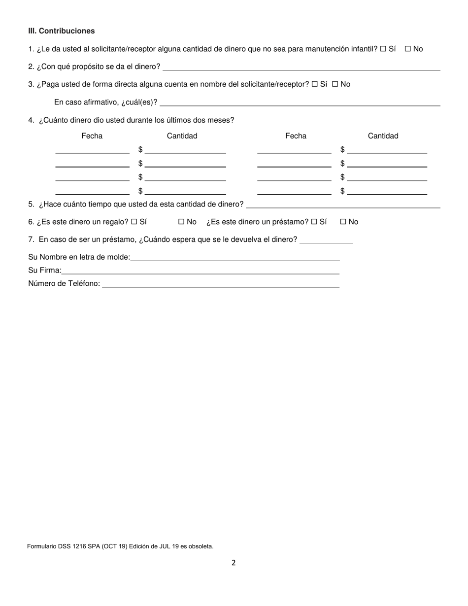 DSS Formulario 1216 SPA Formulario De Contribuciones / Manutencion Voluntaria Para Menores - South Carolina (Spanish), Page 2