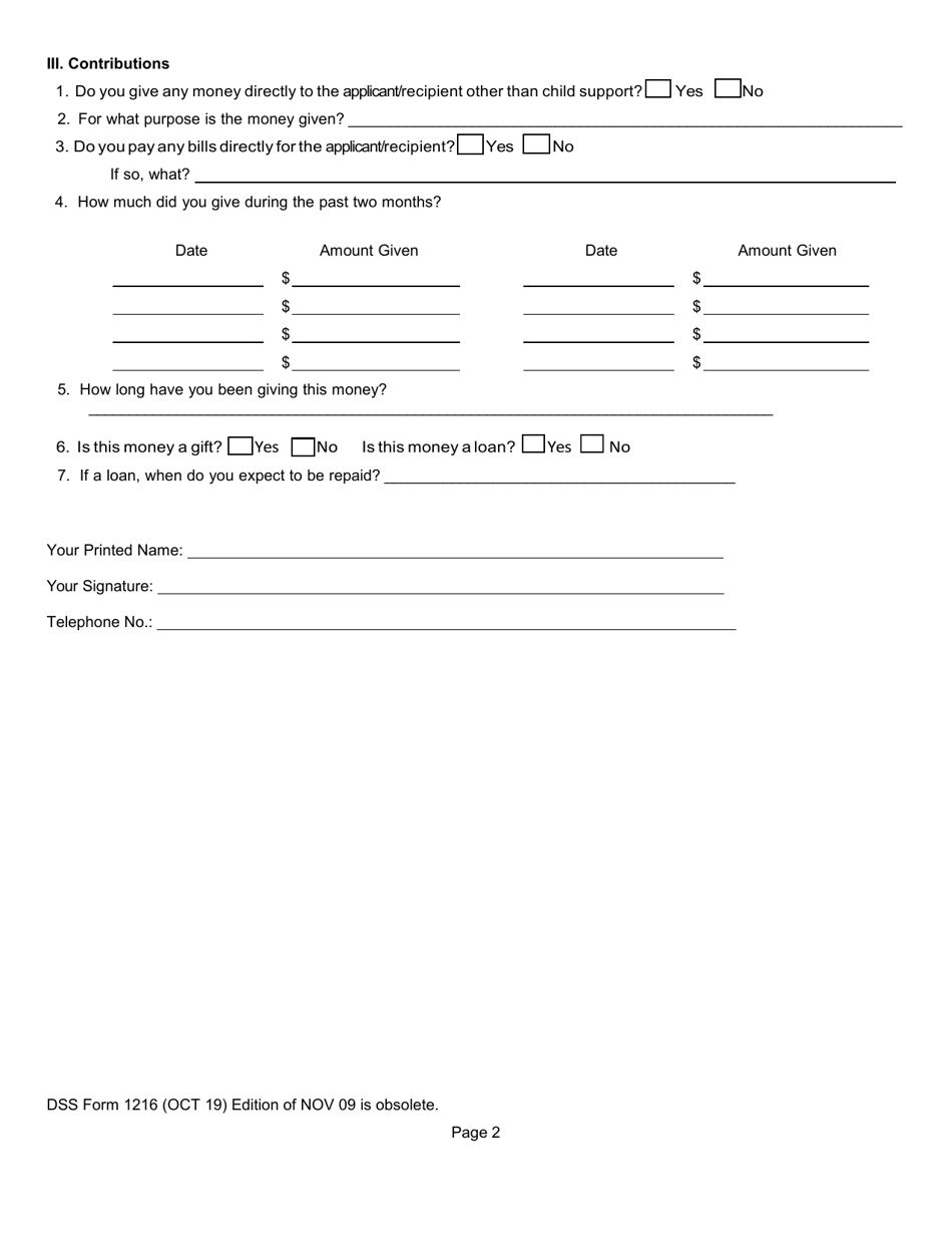 DSS Form 1216 Voluntary Child Support / Contribution Form - South Carolina, Page 2