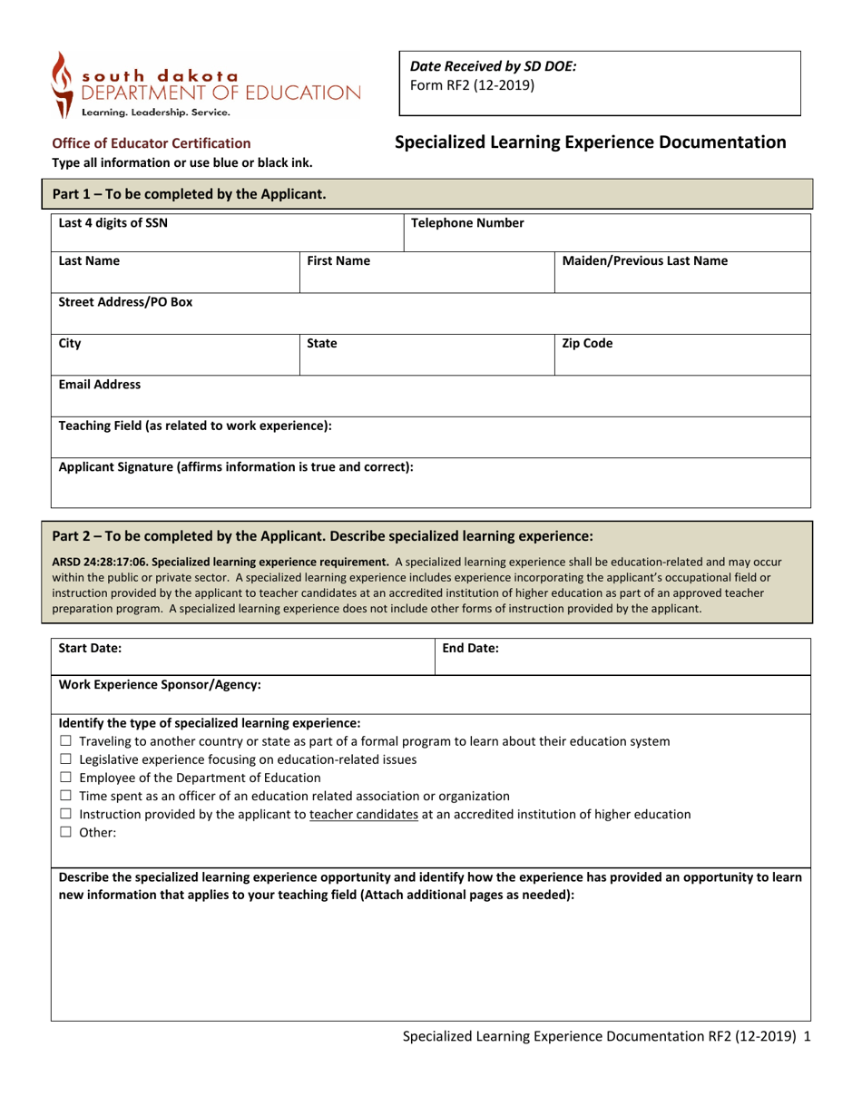 Form RF2 Specialized Learning Experience Documentation - South Dakota, Page 1