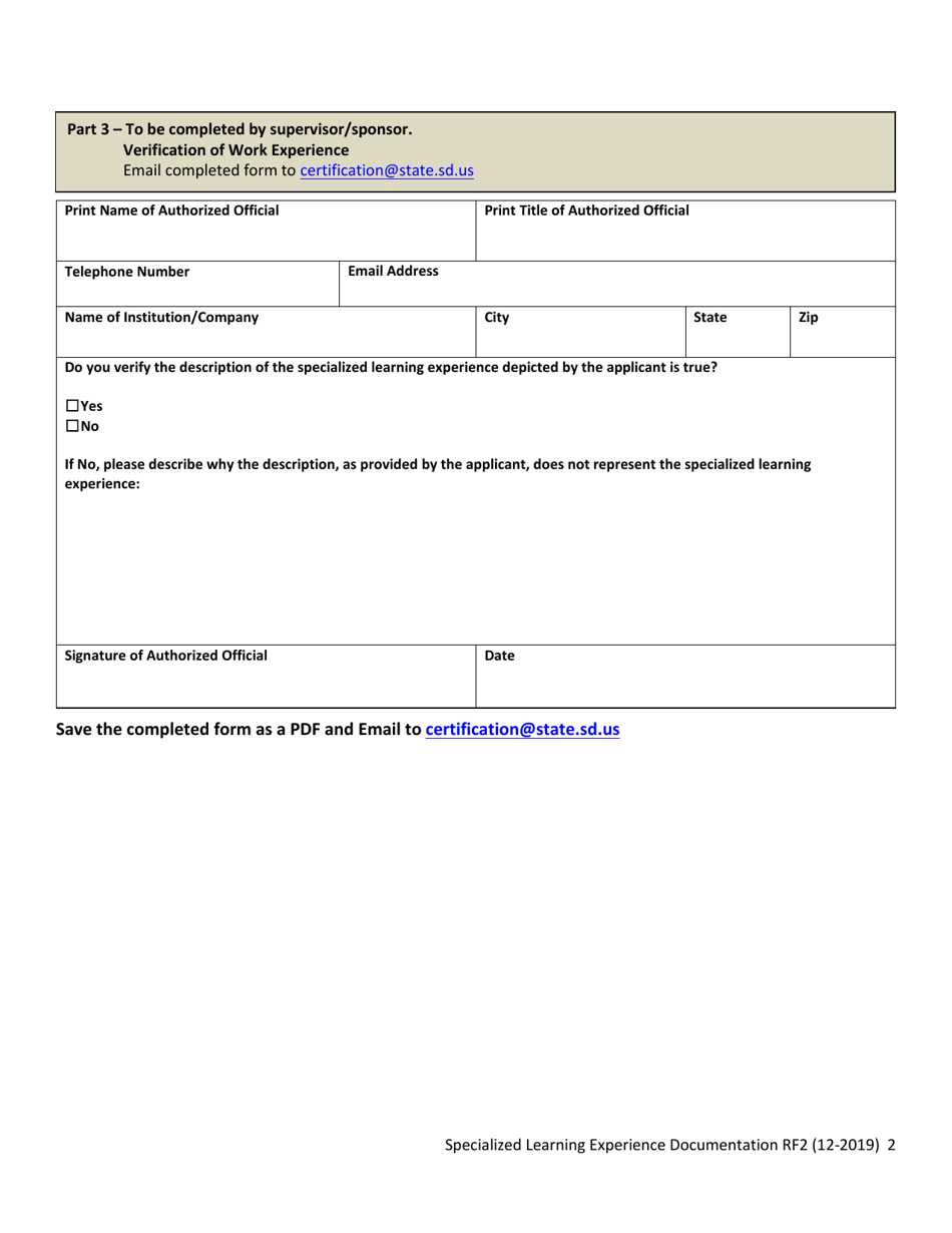 Form RF2 Specialized Learning Experience Documentation - South Dakota, Page 2