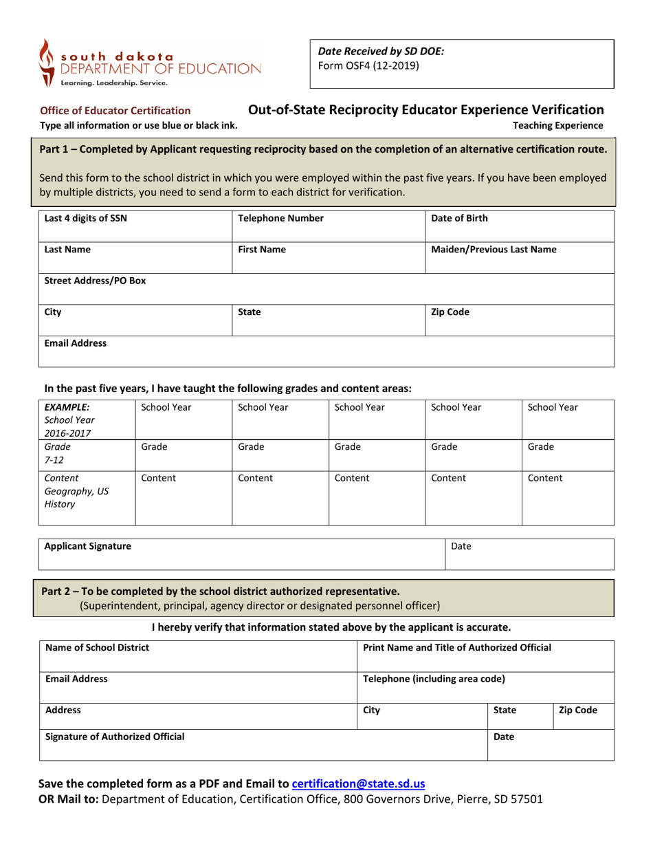 Form OSF4 Out-of-State Reciprocity Educator Experience Verification - Teaching Experience - South Dakota, Page 1