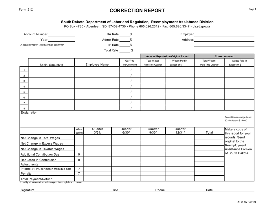 Form 21C Correction Report - South Dakota, Page 1