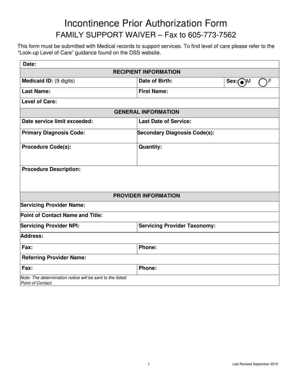 Prior Authorization Form: Incontinence Supply Family Support 360 Waiver - South Dakota, Page 1