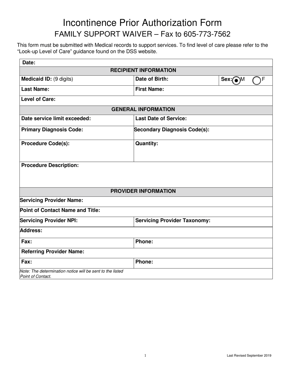 South Dakota Prior Authorization Form: Incontinence Supply Family ...