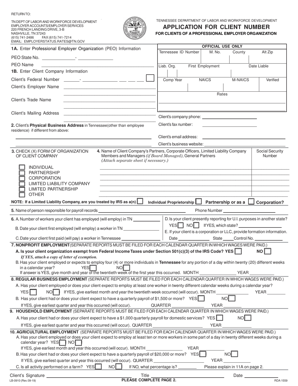 Form LB-0910 Application for Client Number for Clients of a Professional Employer Organization - Tennessee, Page 1