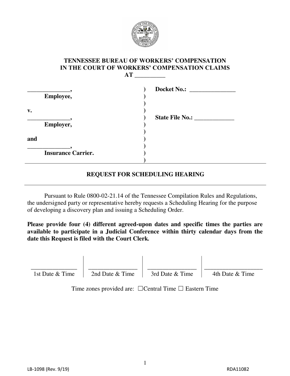 Form LB-1098 Request for Scheduling Hearing - Tennessee, Page 1