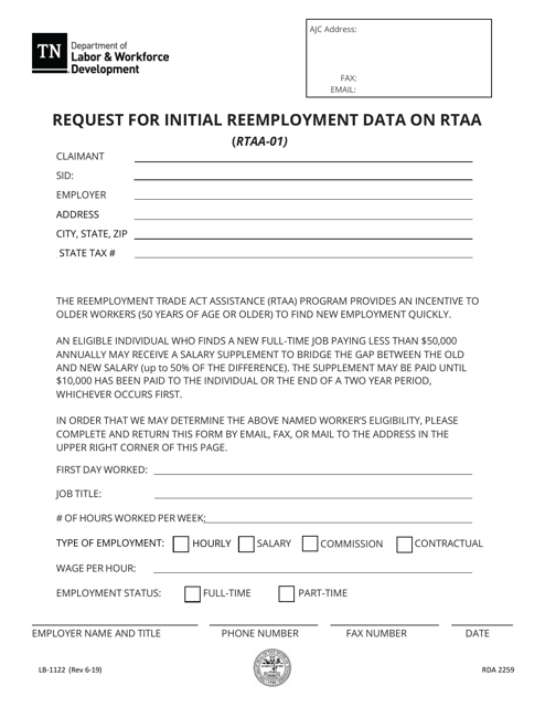 Form LB-1122 Request for Initial Reemployment Data on Rtaa - Tennessee
