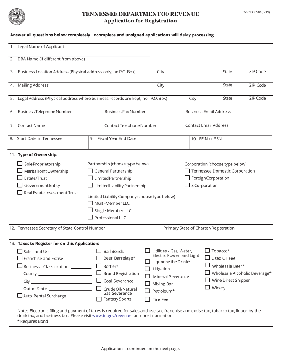 Form RV-F1300501 Application for Registration - Tennessee, Page 1