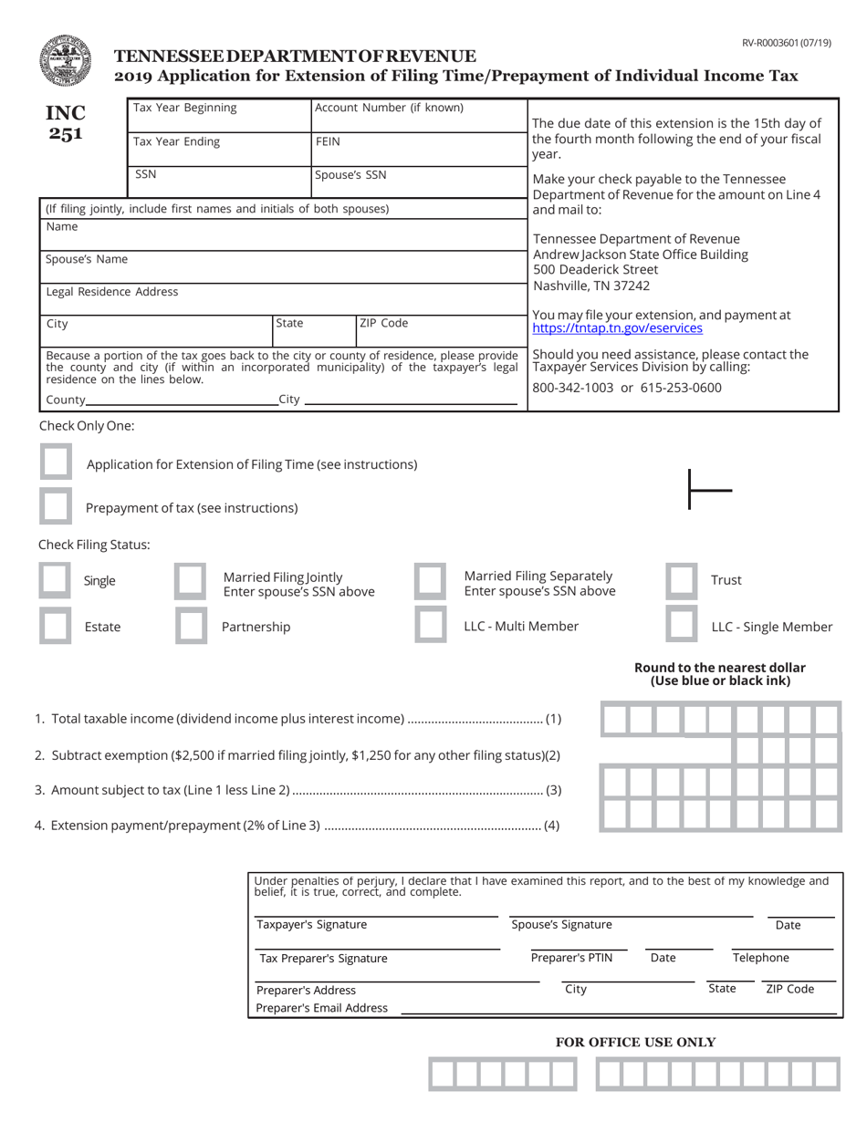 Form INC251 (RV-R0003601) Application for Extension of Filing Time / Prepayment of Individual Income Tax - Tennessee, Page 1