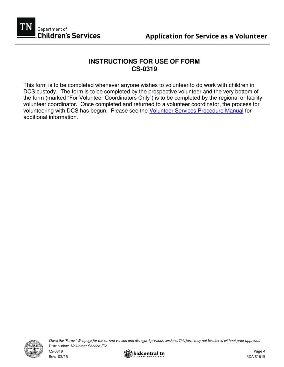 Form CS-0319 Application for Service as a Volunteer - Tennessee, Page 4