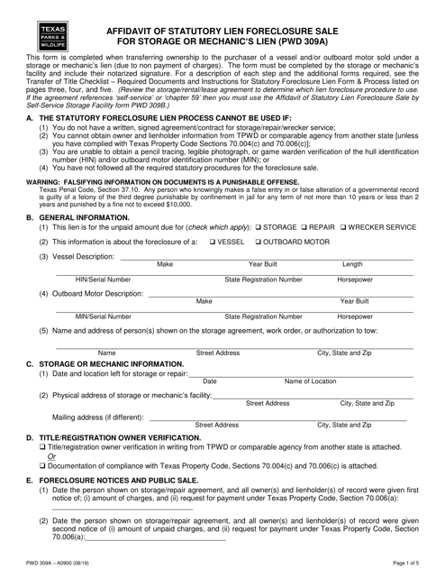 Form PWD309A Affidavit of Statutory Lien Foreclosure Sale for Storage or Mechanic's Lien - Texas