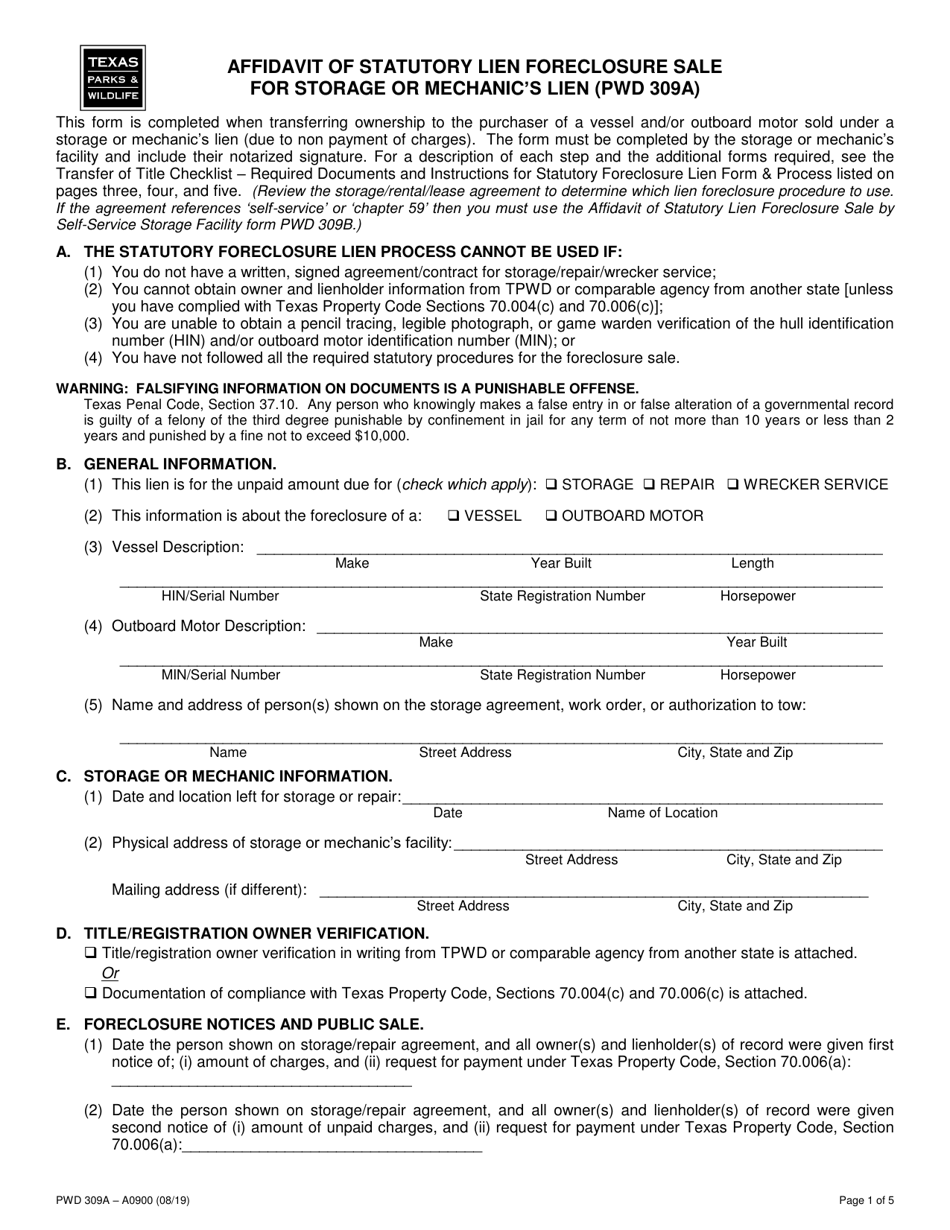 Form PWD309A Affidavit of Statutory Lien Foreclosure Sale for Storage or Mechanics Lien - Texas, Page 1