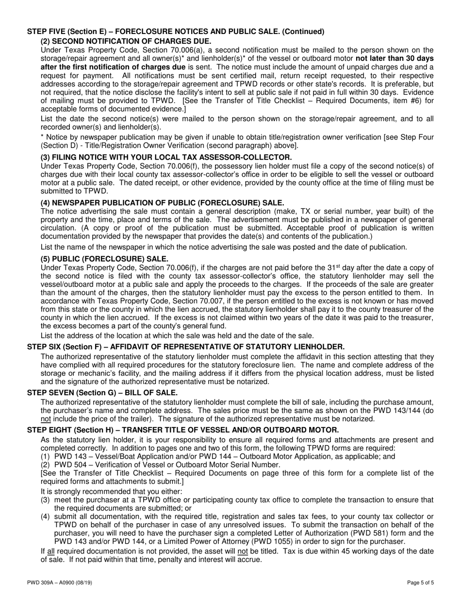 Form PWD309A Affidavit of Statutory Lien Foreclosure Sale for Storage or Mechanics Lien - Texas, Page 5