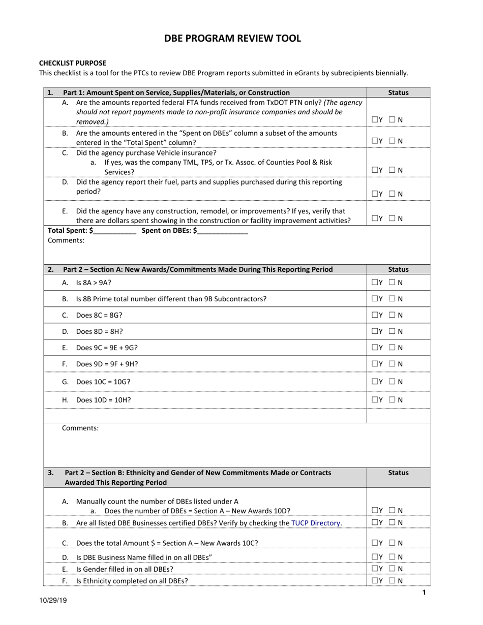 Dbe Program Review Tool - Texas, Page 1