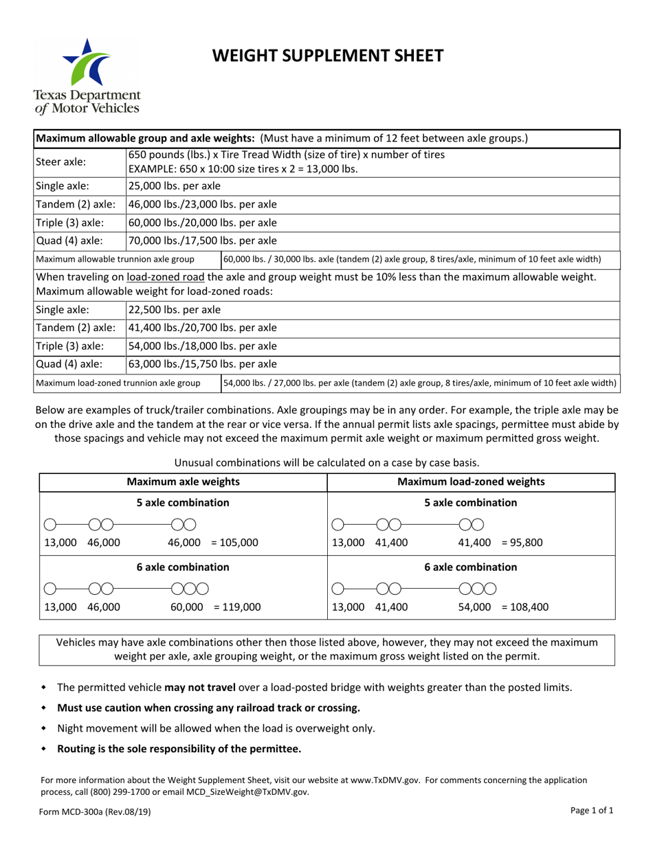 Form MCD-300A Weight Supplement Sheet - Texas, Page 1