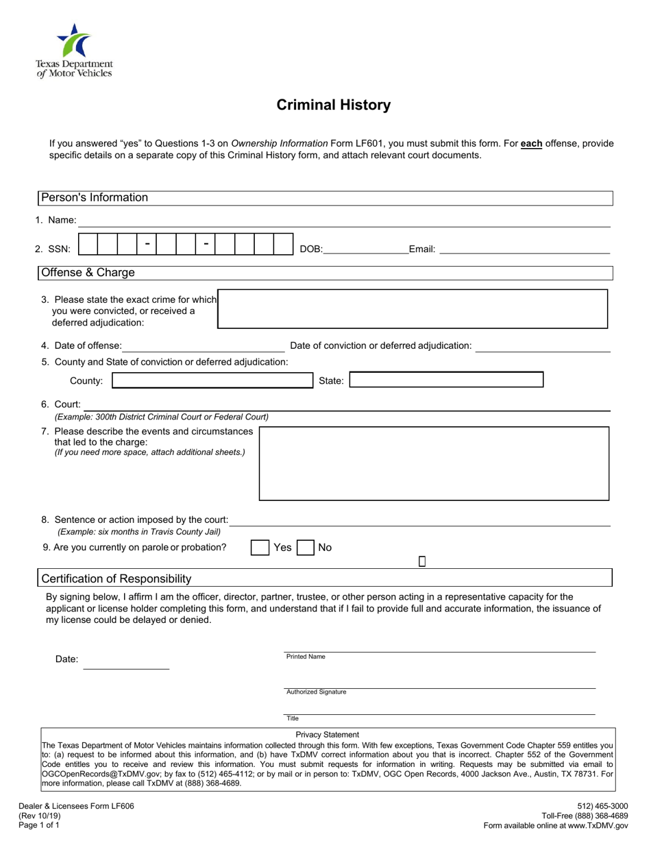 Form LF606 Criminal History - Texas, Page 1