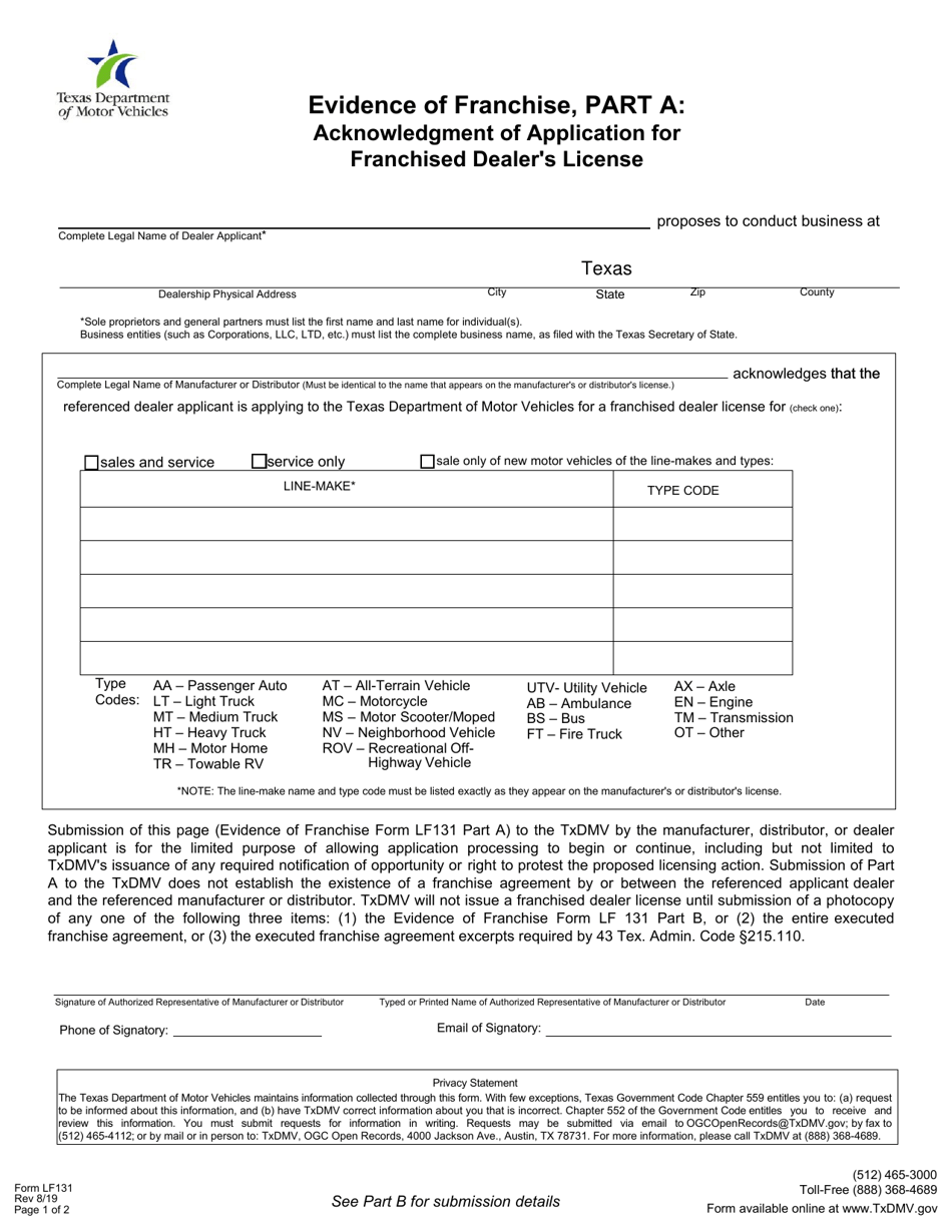 Form LF131 Evidence of Franchise - Texas, Page 1