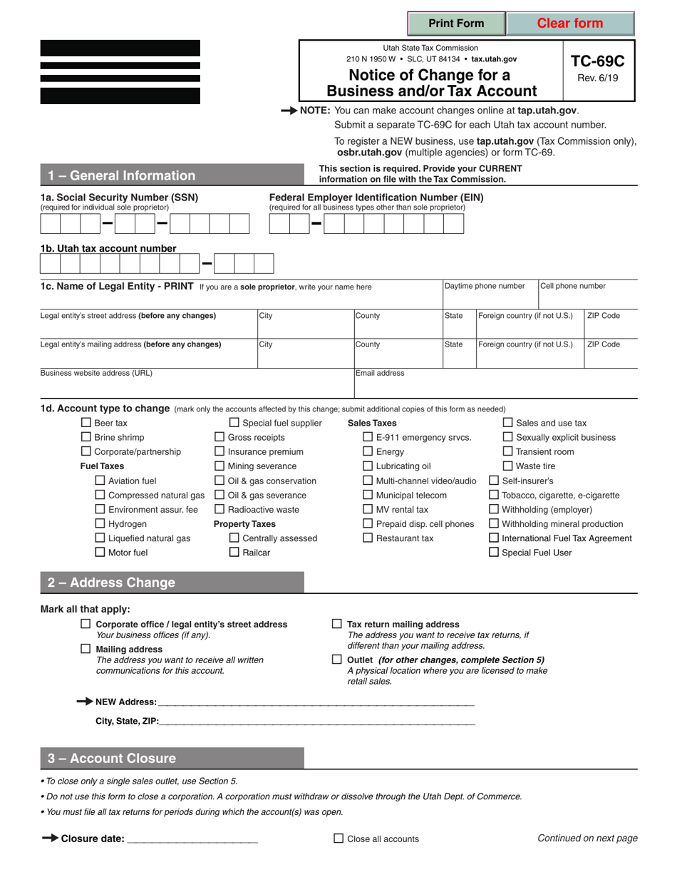 Form TC-69C Notice of Change for a Business and / or Tax Account - Utah, Page 1