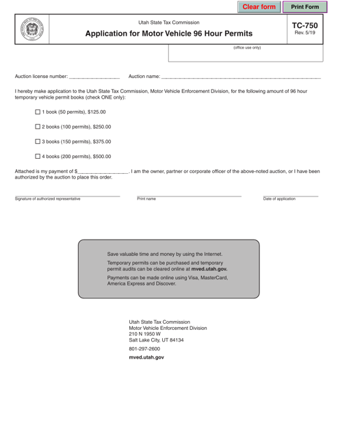 Form TC-750 Application for Motor Vehicle 96 Hour Permits - Utah