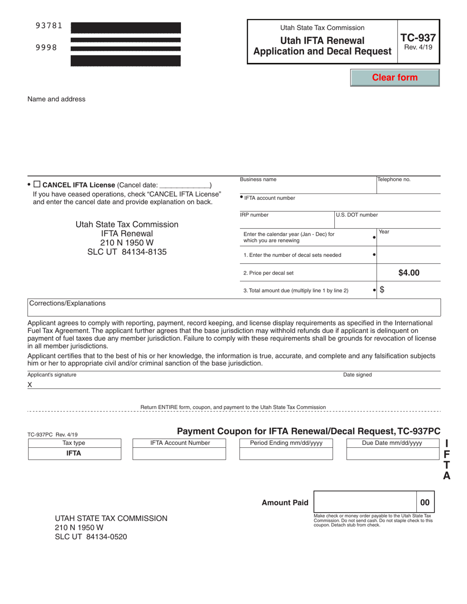 Form TC-937 Utah Ifta Renewal Application and Decal Request - Utah, Page 1