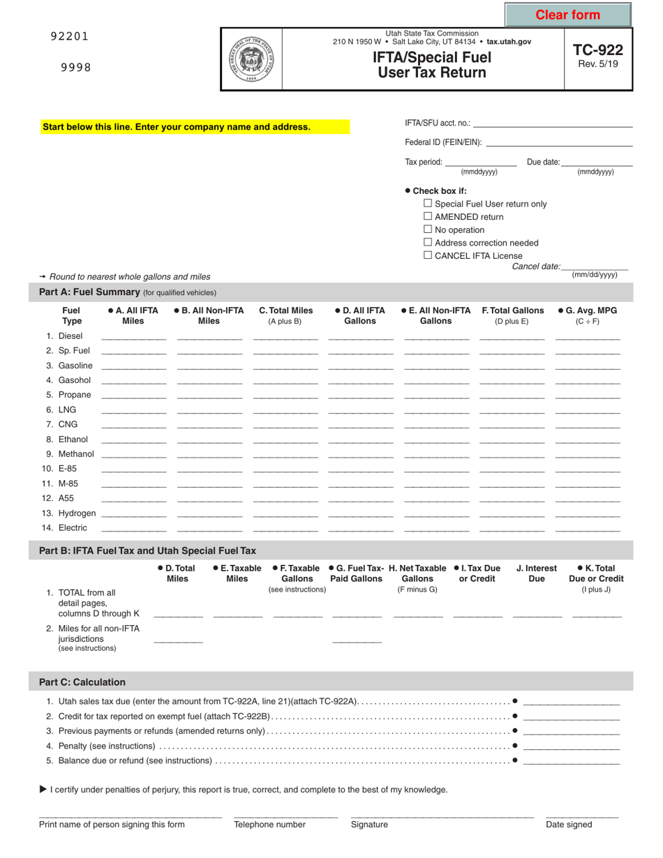 Form TC-922 Ifta / Special Fuel User Tax Return - Utah, Page 1