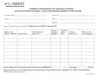 Document preview: Annual Reporting Form - Vinous Beverages Shipped to Retailers - Vermont