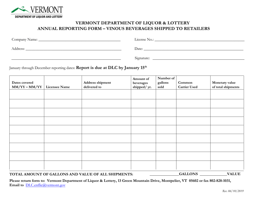 Annual Reporting Form - Vinous Beverages Shipped to Retailers - Vermont Download Pdf