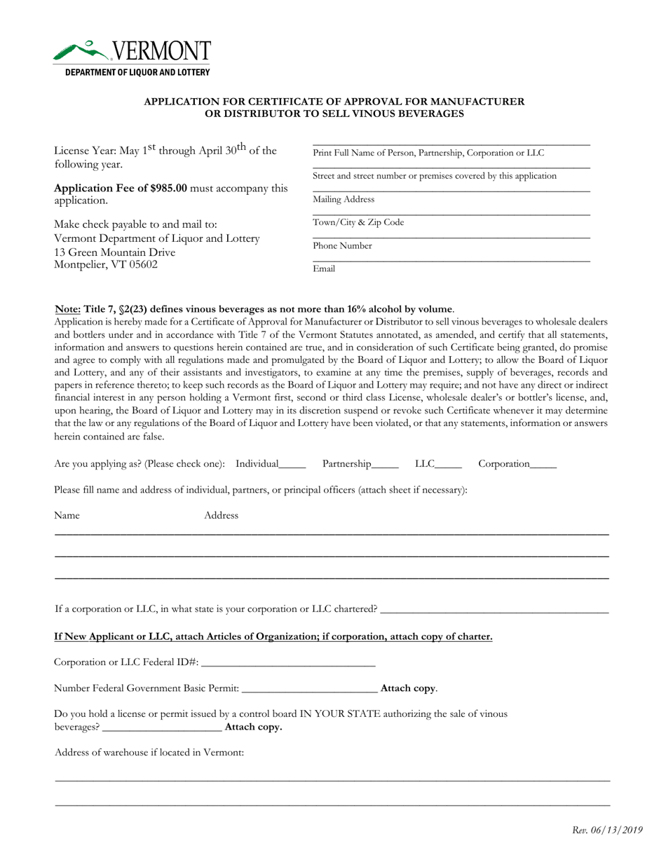 Application for Certificate of Approval for Manufacturer or Distributor to Sell Vinous Beverages - Vermont, Page 1