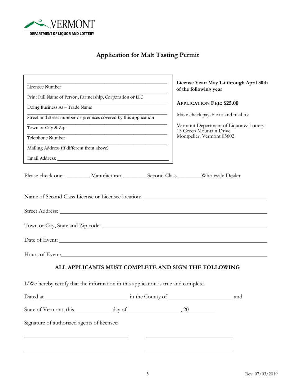 Application for Malt Tasting Permit - Vermont, Page 3