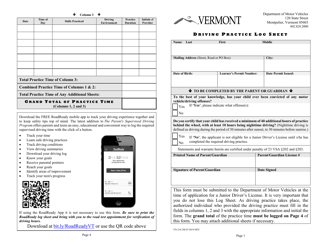 Form VN-210 Driving Practice Log Sheet - Vermont