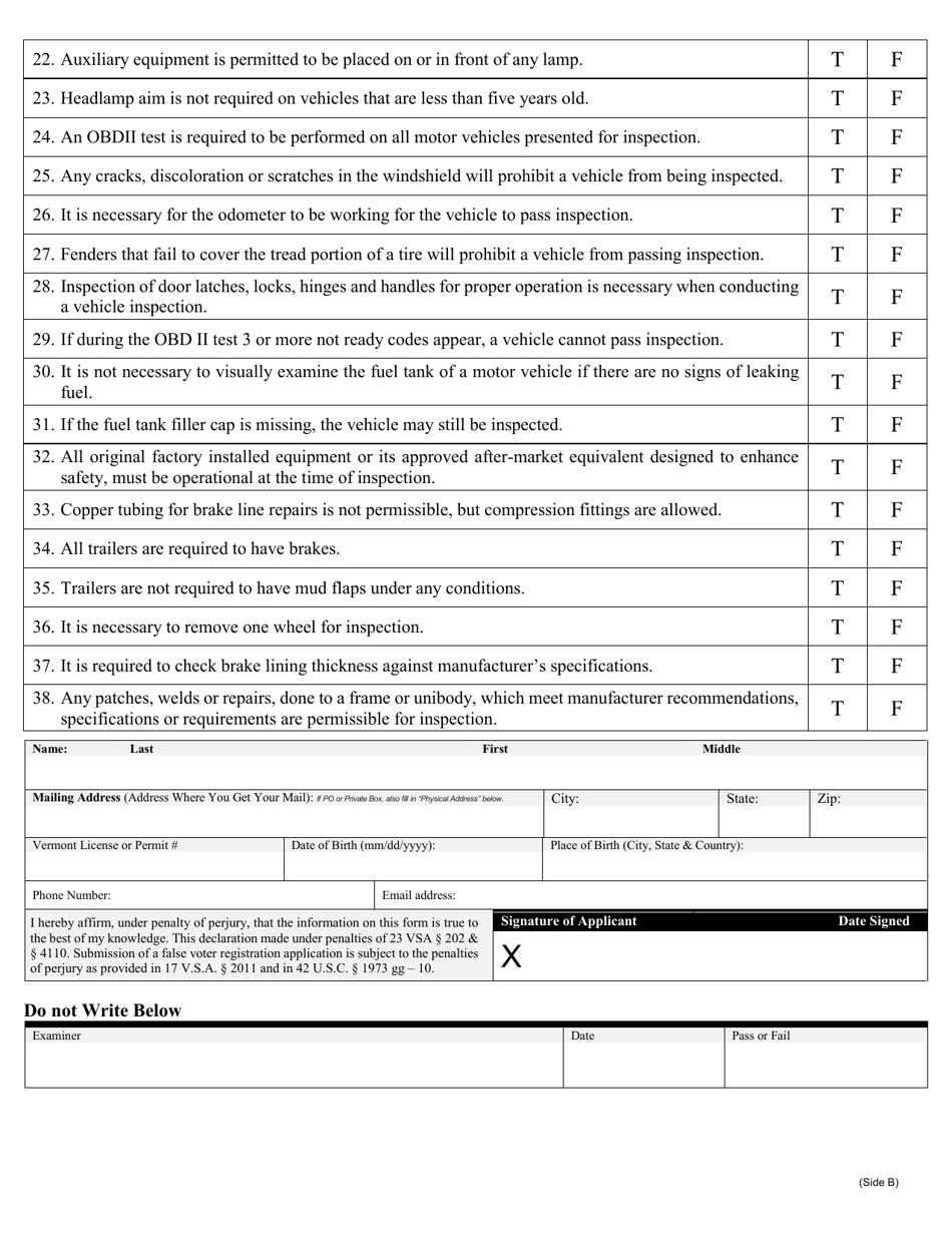 Form VN-202 Inspection Mechanic Certification Exam - Cars / Trucks - Vermont, Page 2
