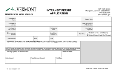 Form VD-032 Intransit Permit Application - Vermont