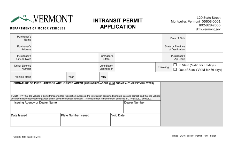 Form VD-032 Intransit Permit Application - Vermont, Page 1