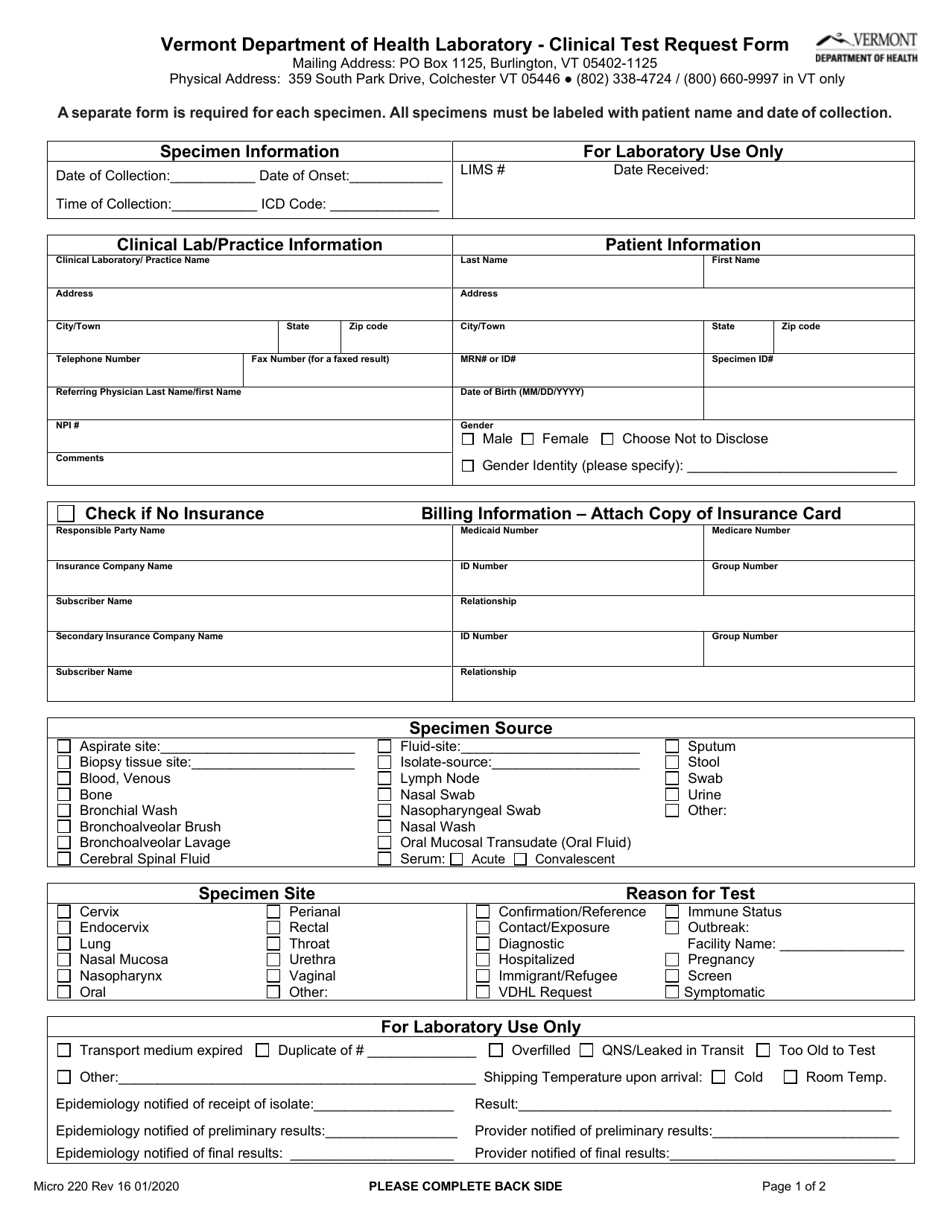 Form Micro220 Clinical Test Request Form - Vermont, Page 1