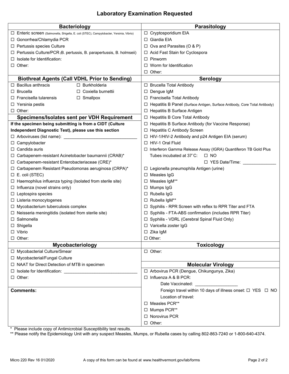 Form Micro220 Clinical Test Request Form - Vermont, Page 2