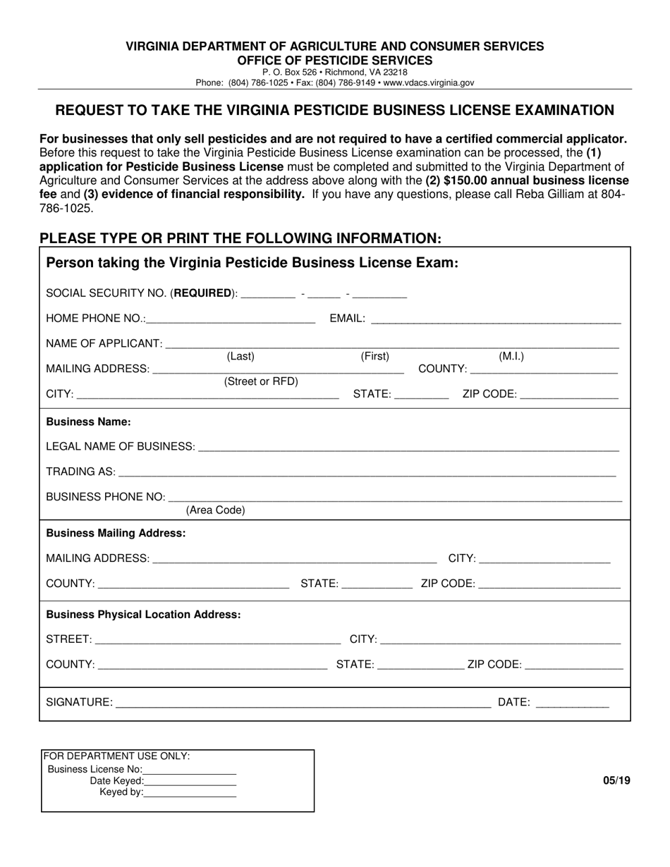 Virginia Request to Take the Virginia Pesticide Business License Examination Download Printable