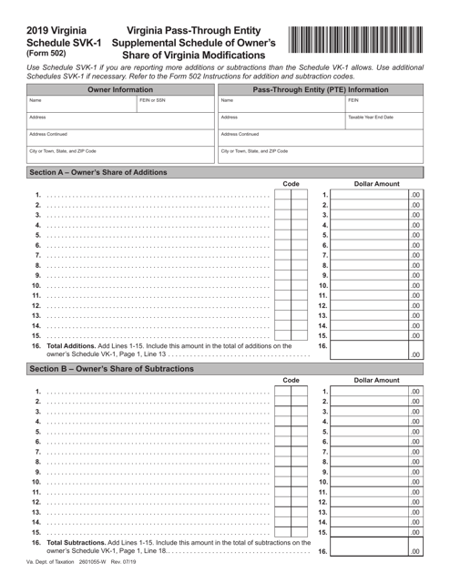 Form 502 Schedule SVK-1 2019 Printable Pdf