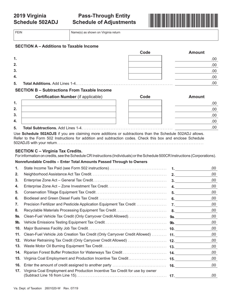 Schedule 502ADJ Pass-Through Entity Schedule of Adjustments - Virginia, Page 1