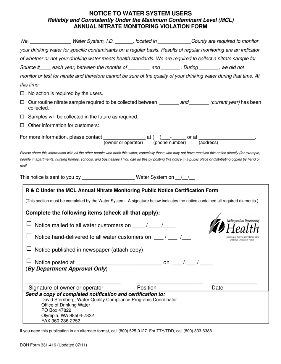 DOH Form 331-416 Notice to Water System Users Reliably and Consistently Under the Maximum Contaminant Level (Mcl) Annual Nitrate Monitoring Violation Form - Washington, Page 1