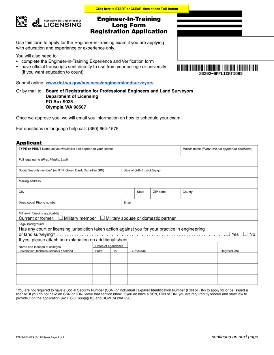 Form ENLS-651-019 Engineer-In-training Long Form Registration Application - Washington, Page 1